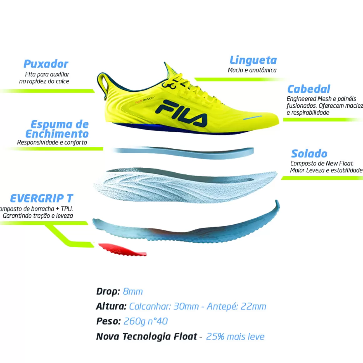 FILA Tênis de Corrida Float Maxxi Feminino Verde Neon - * Até 42km | Até 21km